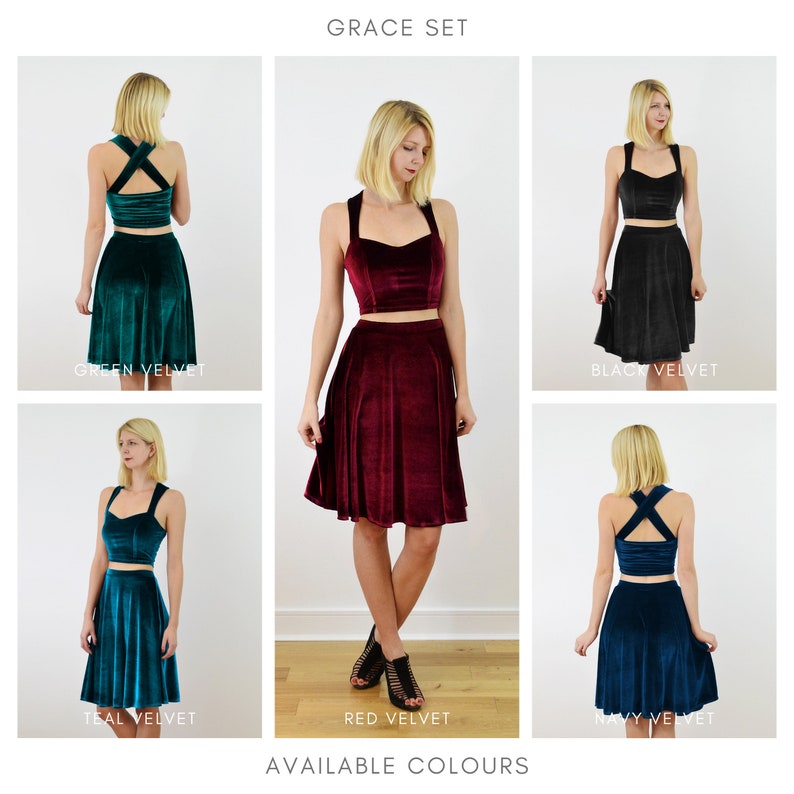 GRACE Two Piece Dress in Green Velvet. Velvet Crop Top and Skater Skirt Set. Vintage Style Strappy Bralet & High Waist Midi Skater Skirt image 9