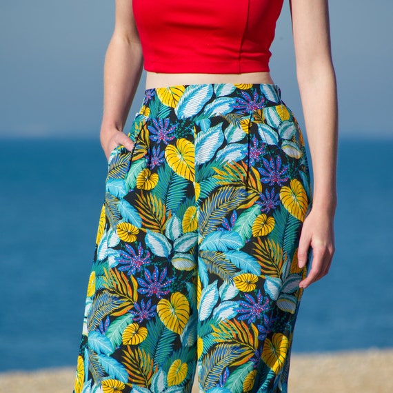 HEPBURN / Pantalón de verano de pierna ancha para mujer hecho a mano en  estampado tropical. Pantalones palazzo estampados estilo vintage de los  años 30 con aberturas laterales -  México