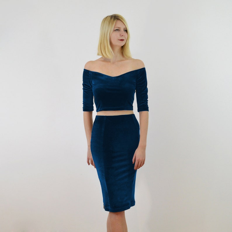 Navy Blue Velvet Pencil Skirt. Stretch Velvet Fitted Skirt. | Etsy