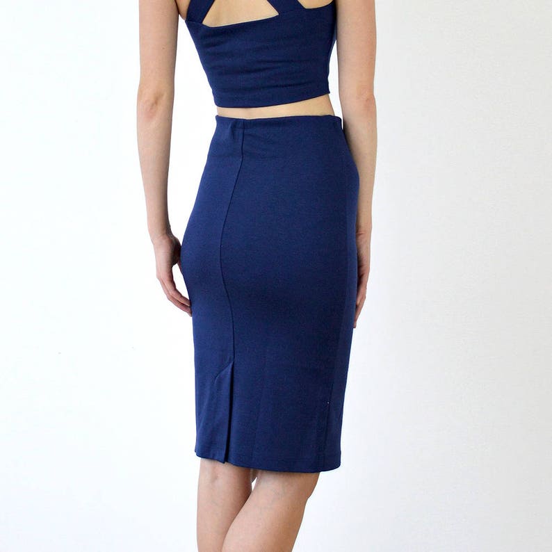 Womens High Waisted Midi Pencil Skirt in Navy Blue. Smart Etsy