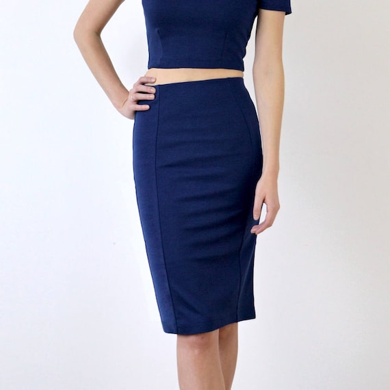 PENCIL SKIRT Womens High Waisted Midi Pencil Skirt in Navy - Etsy