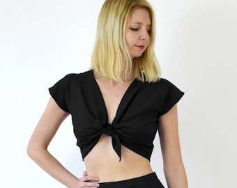 TIE UP TOP | Vintage Style Black Tie-Up Crop Top. Riviera Beach Style Top. Festival Crop Top with Tie Front. Holiday/Vacation Beach Cover Up