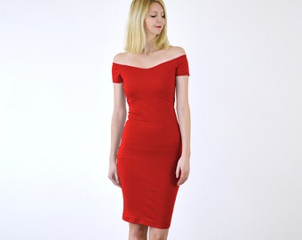 BARDOT | Off Shoulder Dress with Scoop Back Cut Out. Bodycon Occasion Dress in Bright Red. Off Shoulder Cocktail Dress