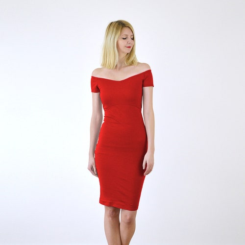 BARDOT | Off Shoulder Dress with Scoop Back Cut Out. Bodycon Occasion Dress in Bright Red. Off Shoulder Cocktail Dress