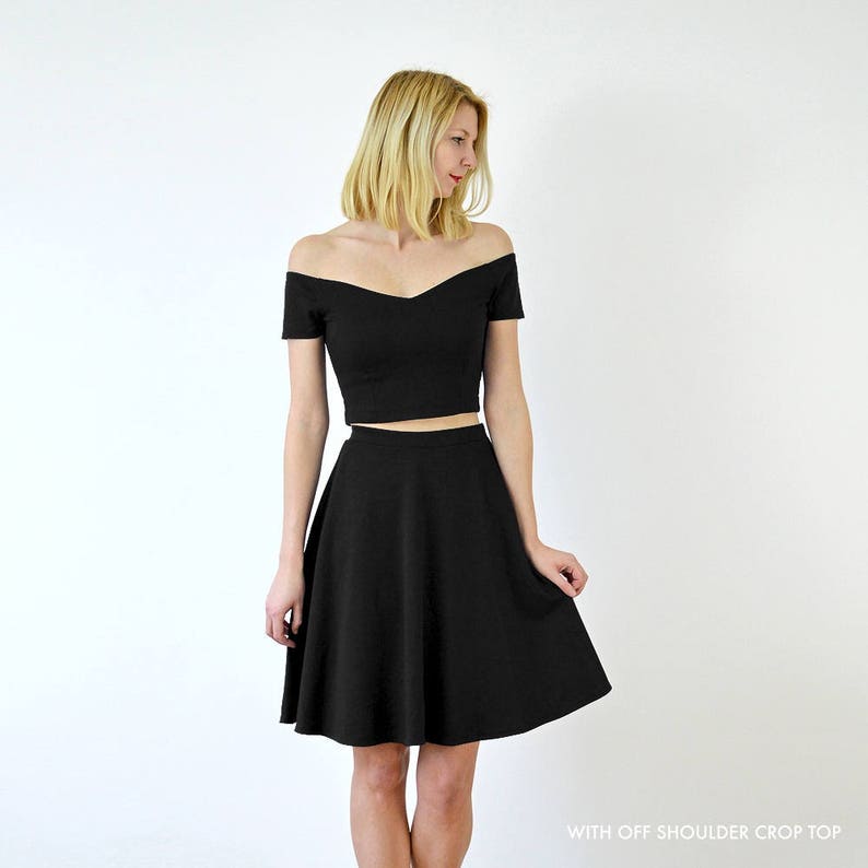 SKATER SKIRT Black Womens Skater Skirt with High Waist. Stretch Jersey Elastic Waist Knee Length Skirt. Womens Everyday A-Line Black Skirt image 9