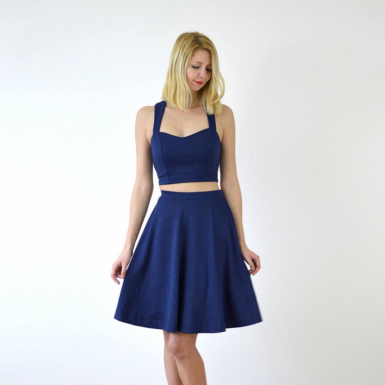 GRACE Vintage Style Womens Two Piece Dress Set. High Waist Midi Skater Skirt with Sweetheart Neck Cropped Top in Navy Blue image 2