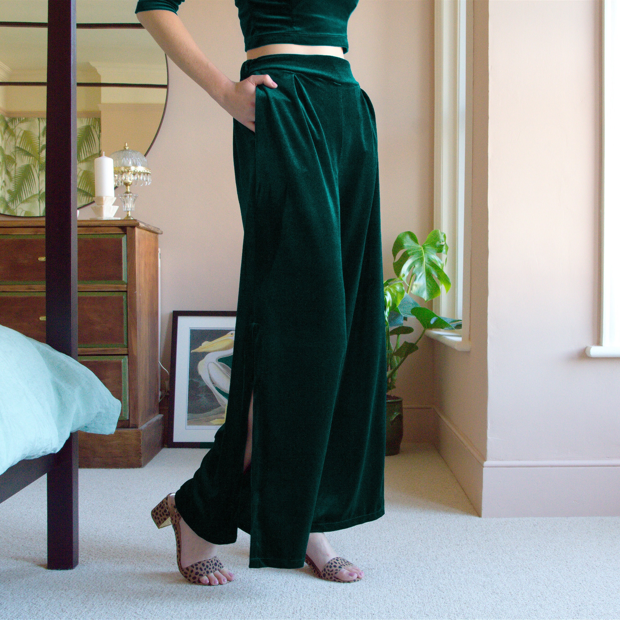 GREEN VELVET TROUSERS | Womens Velvet Wide Leg Pants Green