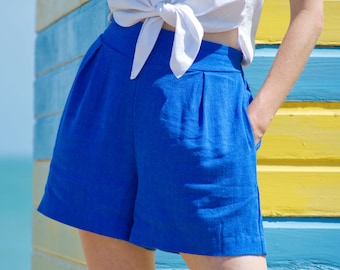 BETTY | High Waisted Linen Blend Shorts in Azure Blue. 1940s/1950s Vintage Style High Waist Shorts with Pockets. Women's Summer Shorts