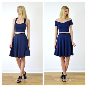 GRACE Vintage Style Womens Two Piece Dress Set. High Waist Midi Skater Skirt with Sweetheart Neck Cropped Top in Navy Blue image 9