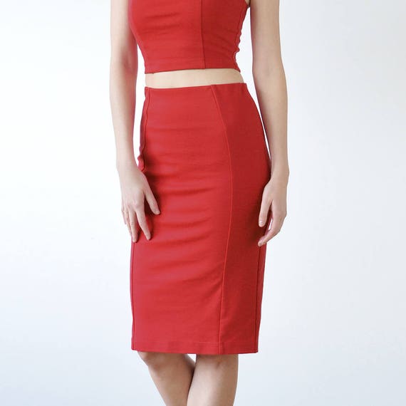 red midi bodycon skirt