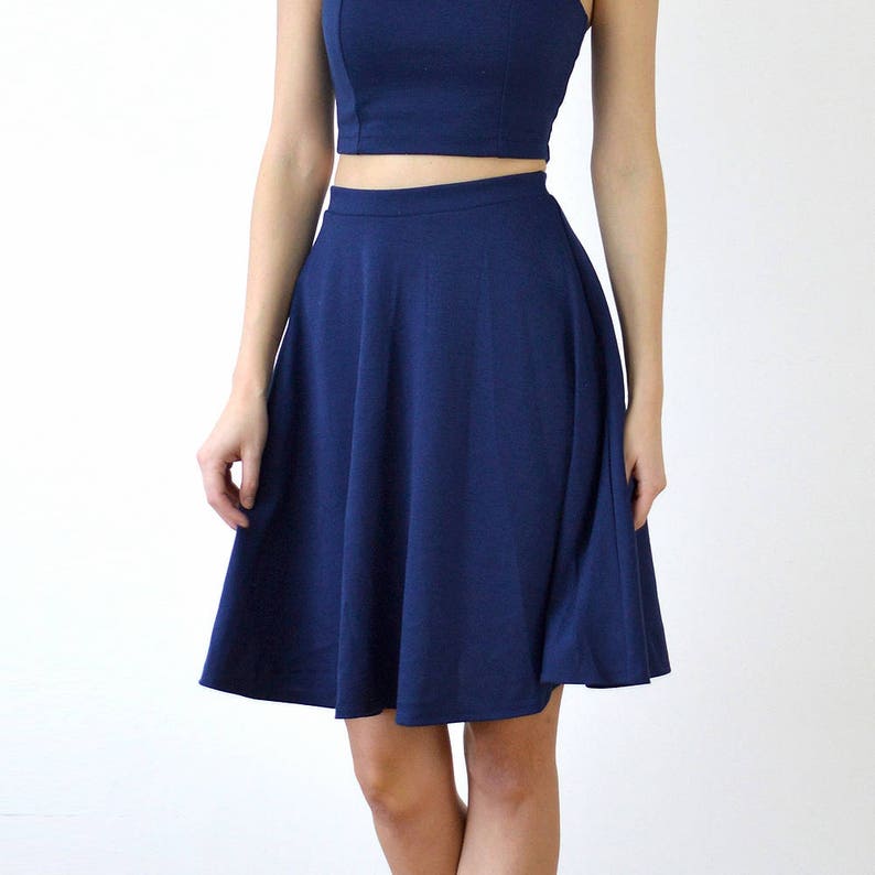 GRACE Vintage Style Womens Two Piece Dress Set. High Waist Midi Skater Skirt with Sweetheart Neck Cropped Top in Navy Blue image 5