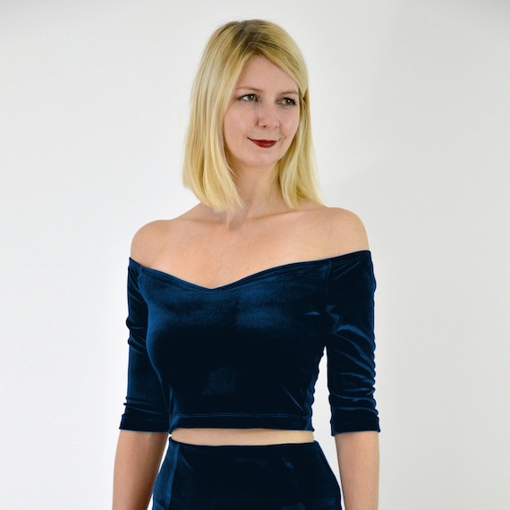VELVET CROP TOP off the Shoulder Crop Top in Navy Blue Velvet