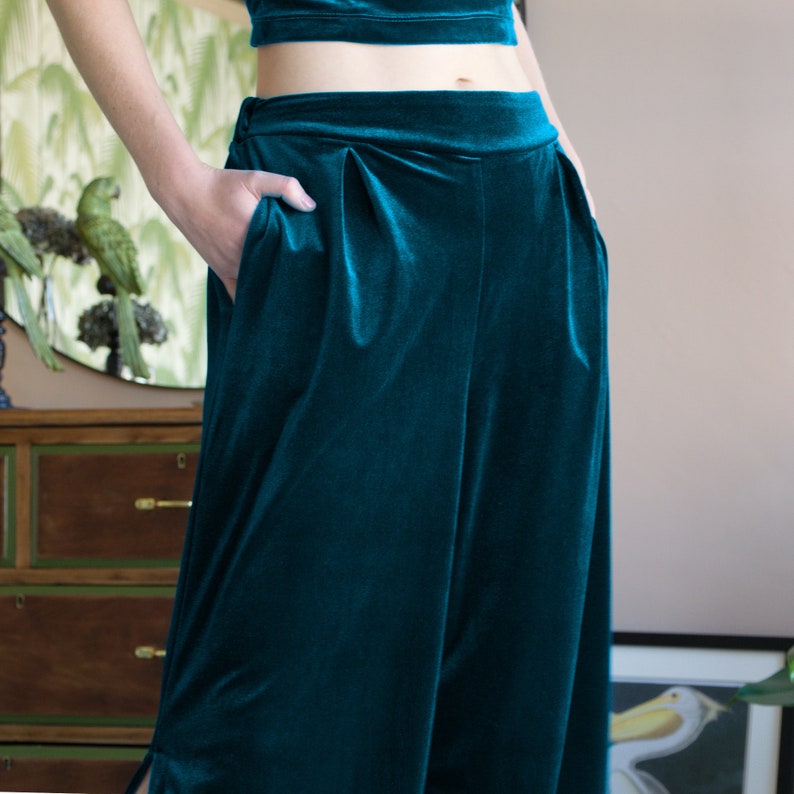 HEPBURN Teal Blue Velvet Wide Leg Pants. High Waisted Velvet Etsy
