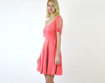 Coral Pink Skater Dress | Split Sleeve Vintage Style Midi Dress