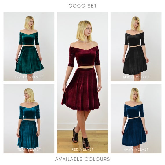 COCO Tenue de robe en velours 2 pieces. Crop Top off Shoulder avec jupe velours Skater. Robe de fete de Noel en bleu sarcelle Etsy France