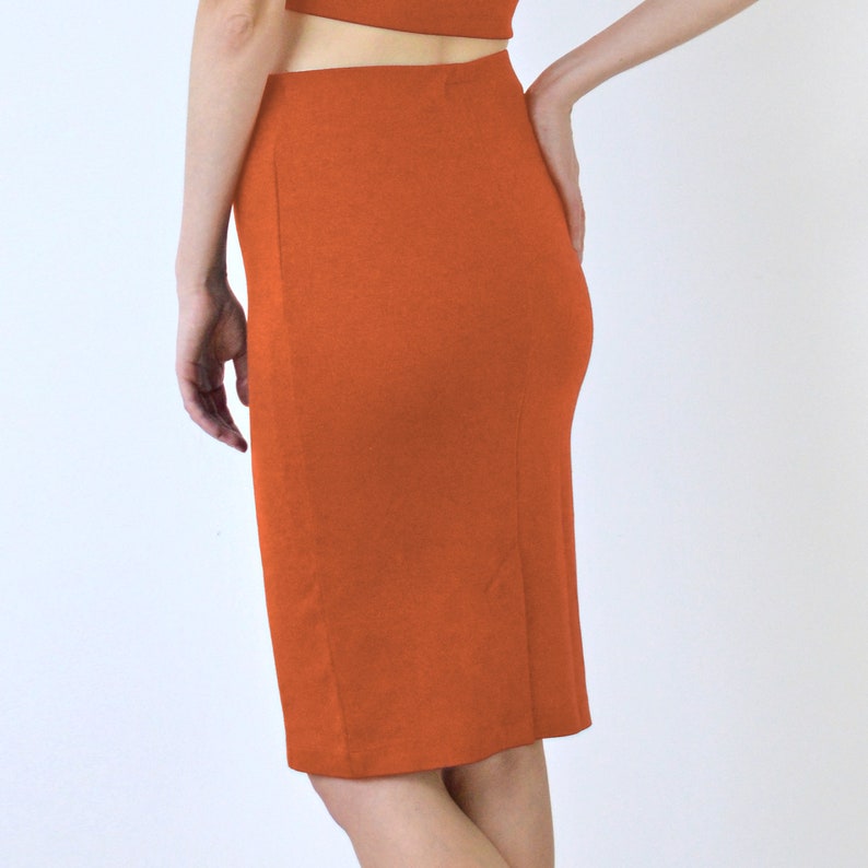 PENCIL SKIRT High Waisted Panelled Pencil Skirt in Burnt Orange. Jersey Pencil Skirt. Womens Fitted Midi Skirt. Knee Length Tube Skirt image 3