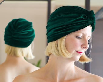 LOLA | Womens Dark Green Velvet Pleated Turban Hat. Vintage Style Pin Up Winter Head Wrap Cloche Cap. Luxury Headwear Christmas Gift For Her