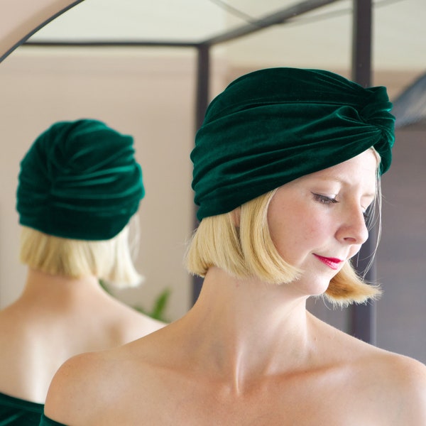 LOLA | Womens Dark Green Velvet Pleated Turban Hat. Vintage Style Pin Up Winter Head Wrap Cloche Cap. Luxury Headwear Christmas Gift For Her