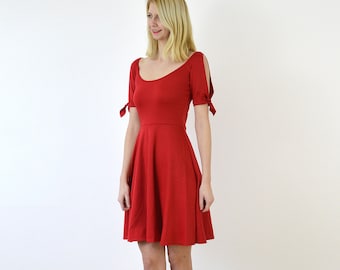 NANETTE | Vintage Style Split Sleeve Jersey Scoop Neck Red Summer Sundress. Skater Dress with Wide Neck and Tie Sleeves. Size XS and Small