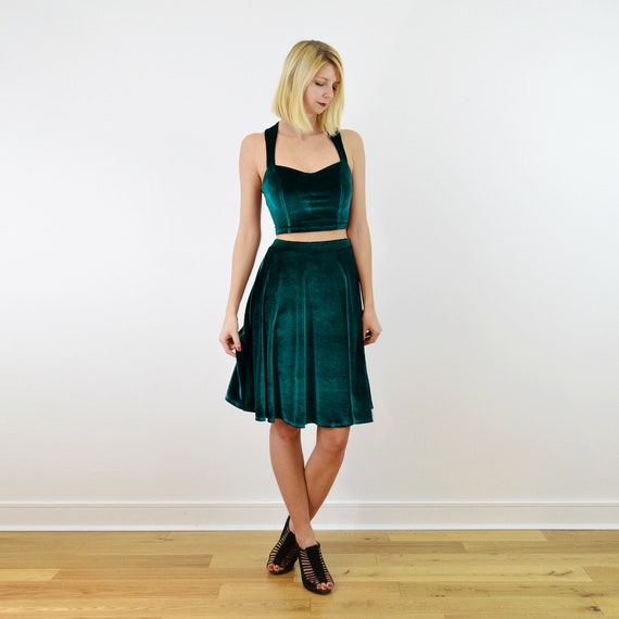 GRACE Two Piece Dress in Green Velvet. Velvet Crop Top and Skater