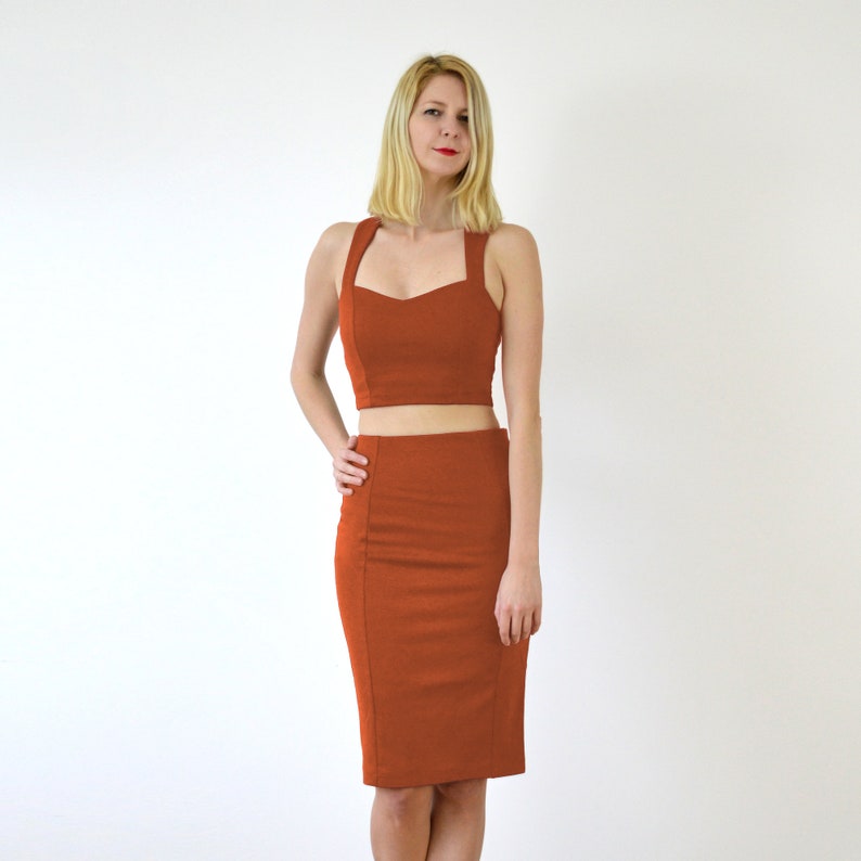 PENCIL SKIRT High Waisted Panelled Pencil Skirt in Burnt Orange. Jersey Pencil Skirt. Womens Fitted Midi Skirt. Knee Length Tube Skirt image 7