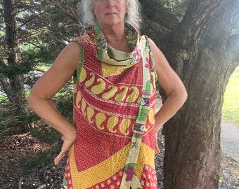 vintage Kantha Boho Hippie Cowl Neck Vest Xsmall à Medium réversible