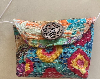 Vintage Kantha Upcycled Bohemian Pouch 6”x6”x2” Fully Lined Too