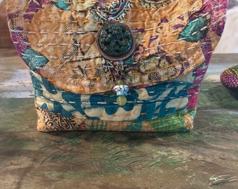 Vintage Kantha Upcycled Bohemian Pouch 6”x6”x2” Fully Lined Too