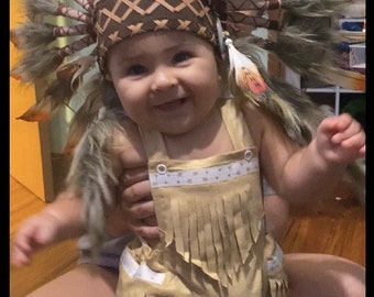 American Indian Baby Bloomers Jumpsuit Outfit With Red Arm Cuff Custom Fit For Your Baby 3mon to 24 mon Head Dress NOT included