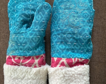 Upcycled Kantha Sherpa Lined Mittens small to Medium Ready to Ship
