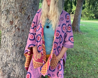 Vintage Kantha Hooded Short Kimono Muumuu Poncho Bohemian Reversable One of a Kind One Size Fits All