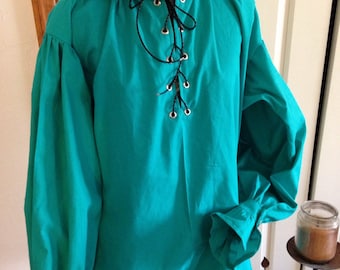 Men's Renaissance Pirate Poet, Viking, Celtic, Medieval Turquoise/Teal Shirt Cosplay LARP CUSTOM Sized to fit small to xlarge