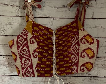 Vintage Kantha Bohemian Hippie HALTER Top with Grommet Closure Reversible Fully Lined Medium to Large