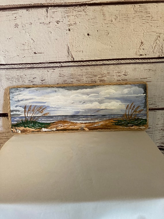 Hand Painted Sea Oats Ocean Beach Scene on Wood With Jute Etsy