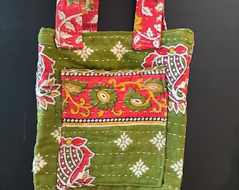 Vintage Kantha Upcycled Bohemian Pouch Lunch Bag With Pocket