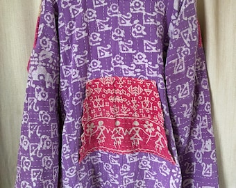 Upcycled Kantha Hoodie Poncho Jacket Fits Small To Large