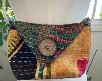 Vintage Kantha Upcycled Bohemian Pouch 6”x4”x2” Fully Lined Too