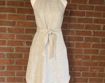 Linen Tailored White Sleevless Dress With Side Pockets Large READY to SHIP