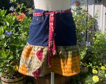 Upcycled Vintage Kantha Jean Skirt Size 8