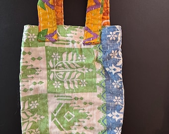Vintage Kantha Upcycled Bohemian Pouch Lunch Bag With Pocket