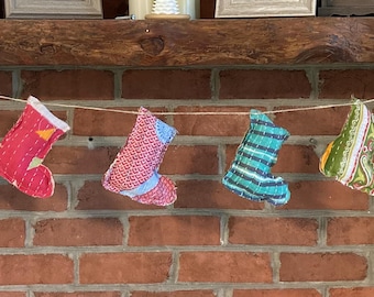 Vintage Kantha Bohemian Christmas Stockings Garland
