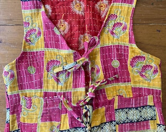 Vintage Kantha VEST With Ties in Front Reversible with Pockets Medium to Large