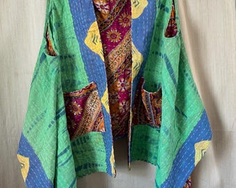 Vintage Kantha VEST With Hood Bohemian Reversable  One Size Fits All