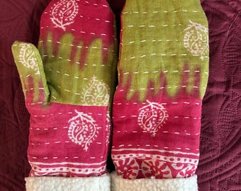 Upcycled Kantha Sherpa Lined Mittens Medium  to Large Ready to Ship