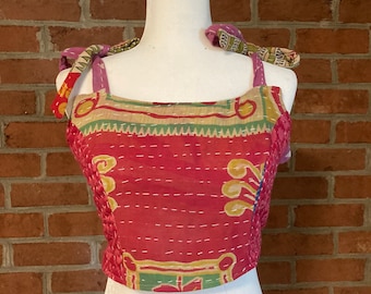Vintage Kantha Bohemian Hippie HALTER Top Xsmall To Large Reversible Fully Lined