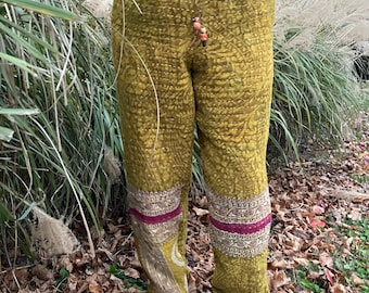 Vintage Kantha Bohemian Drawstring Pants Small to Large With Side Pockets