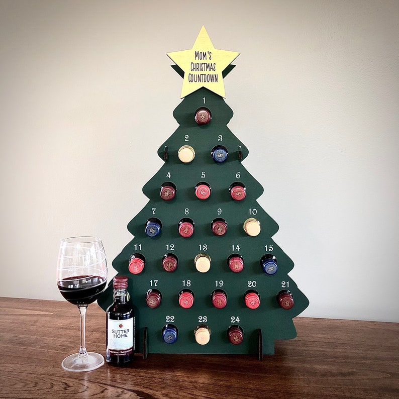 Mini botella de vino Árbol de cuenta regresiva navideña, Mini calendario de adviento de botella de vino cortado con láser, Árbol de vino, Regalo del Día de la Madre, 187 ml, Vino NO incluido imagen 5