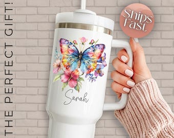 Personalized Butterfly Tumbler – Watercolor Floral 40oz Insulated Cup