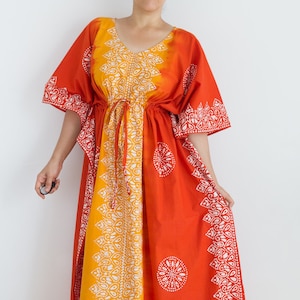 Orange & Yellow cotton caftan, kaftan dress, batik dress, maternity hospital gown, indian caftan, maxi dress, lounge dress, hostess dress
