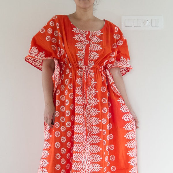 Batik print orange cotton caftan with front zip, hand dyed indian dress, sundress, nursing beach kaftan, post operation recovery gown